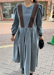 Women Khaki O Neck Wrinkled Patchwork Lace Cotton Dress Spring