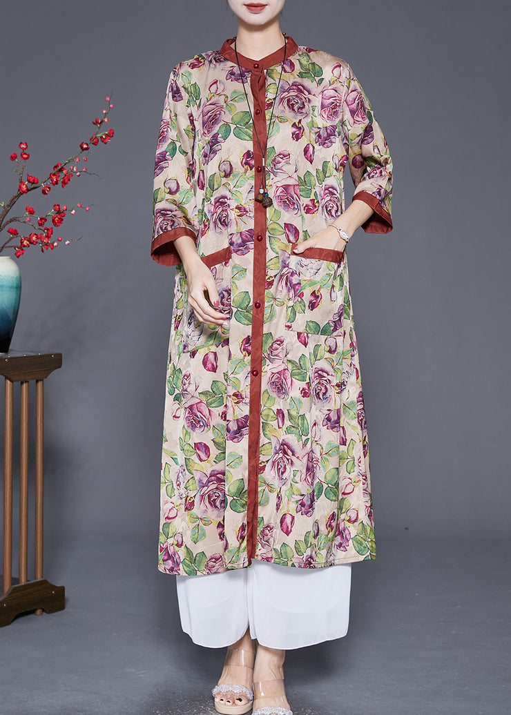 Women Khaki Oversized Floral Print Silk Trench Bracelet Sleeve