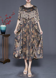Women Khaki Oversized Patchwork Print Silk Dress Summer