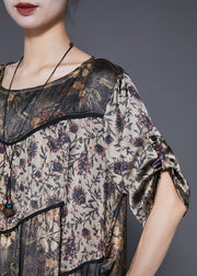 Women Khaki Oversized Patchwork Print Silk Dress Summer