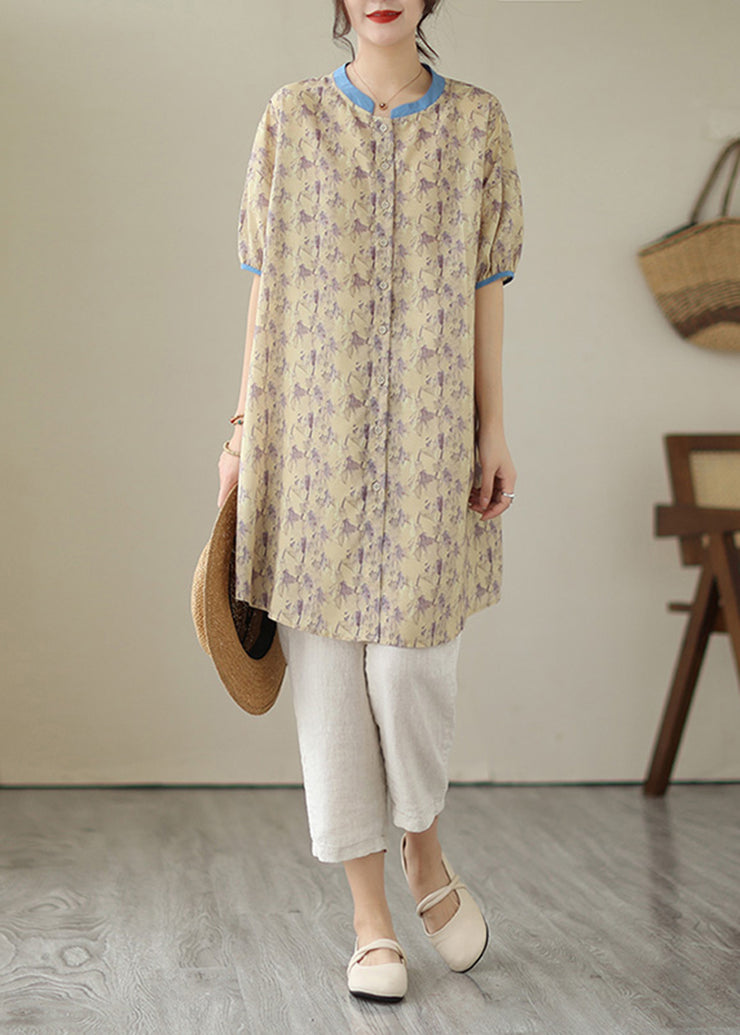 Women Khaki Oversized Print Linen Shirt Dress Summer