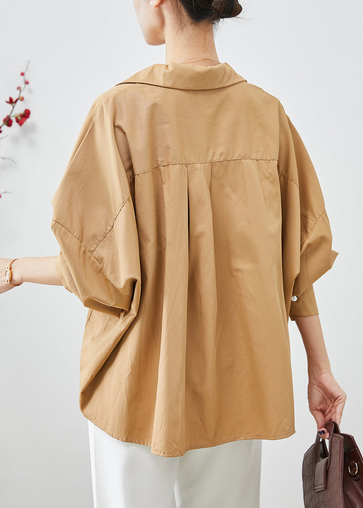 Women Khaki Oversized Wrinkled Cotton Shirts Batwing Sleeve