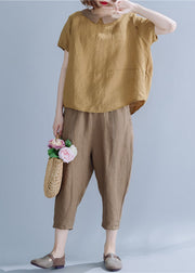 Women Khaki Peter Pan Collar Patchwork Linen Shirts Short Sleeve