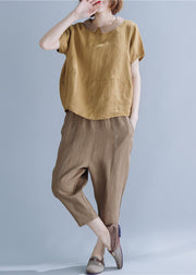 Women Khaki Peter Pan Collar Patchwork Linen Shirts Short Sleeve