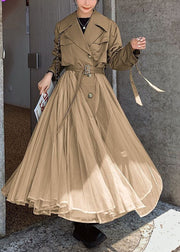Women Khaki Peter Pan Collar Tulle Patchwork Cotton Trench Long Sleeve