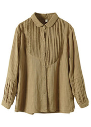 Women Khaki Peter Pan Collar wrinkled Cotton Shirt Spring