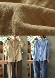 Women Khaki Peter Pan Collar wrinkled Cotton Shirt Spring