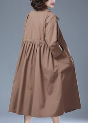 Women Khaki Pockets Drawstring Patchwork Cotton Long Trench Coat Bracelet Sleeve