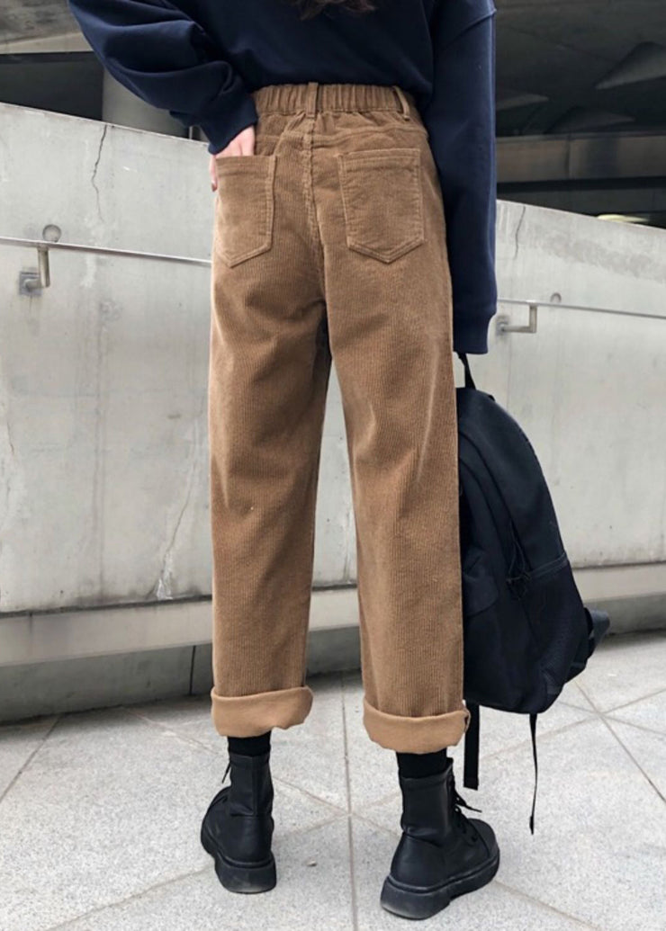Women Khaki Pockets High Waist Warm Fleece Pants Fall