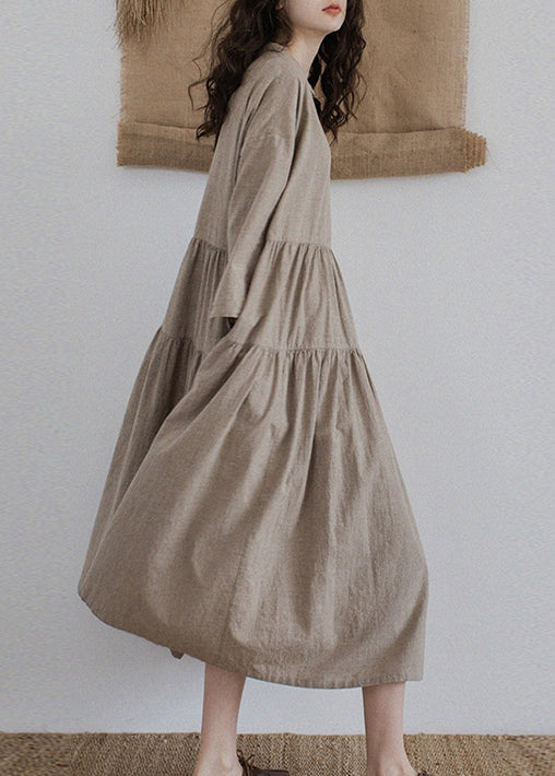 Women Khaki Pockets Wrinkled Patchwork Linen Dresses Fall