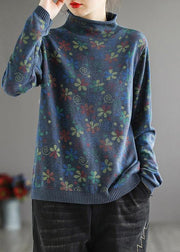 Women Khaki Print Sweater Tops High Neck Plus Size Spring Knitwear - SooLinen