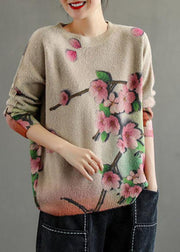 Women Khaki Retro Print Floral Knitted Sweaters Top - SooLinen