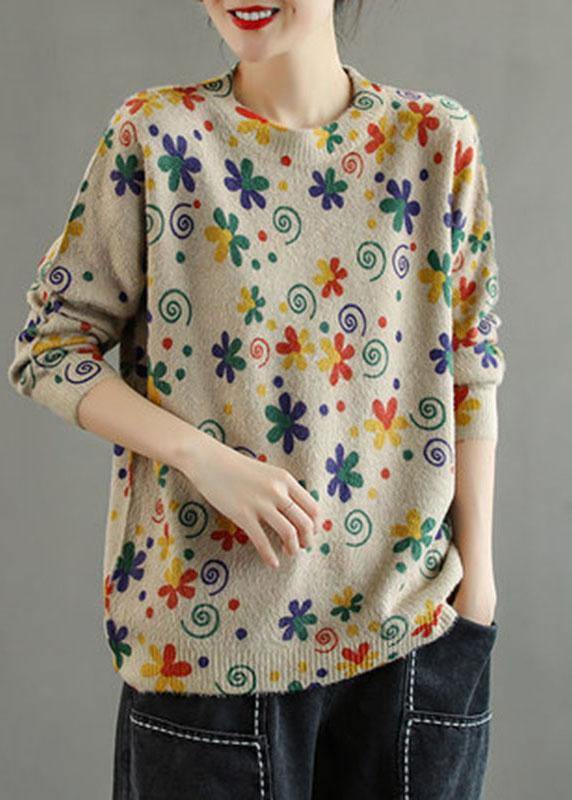Women Khaki Retro Print Floral Knitted Sweaters Top - SooLinen