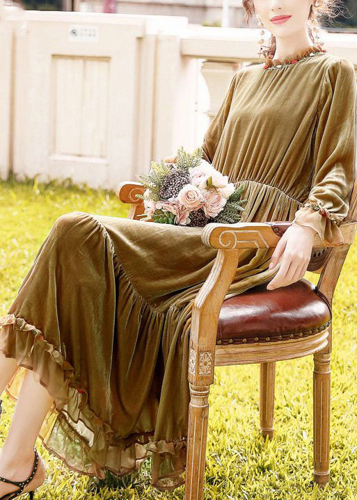 Women Khaki Ruffled Patchwork Exra Large Hem Silk Velour Dresses Spring