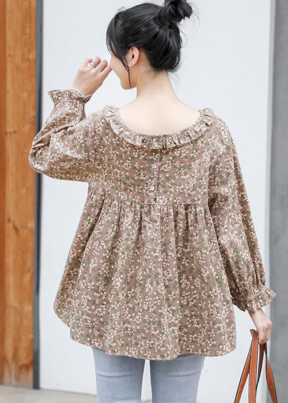 Women Khaki Ruffled Print Cotton Shirt Tops Long Sleeve