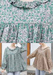 Women Khaki Ruffled Print Cotton Shirt Tops Long Sleeve
