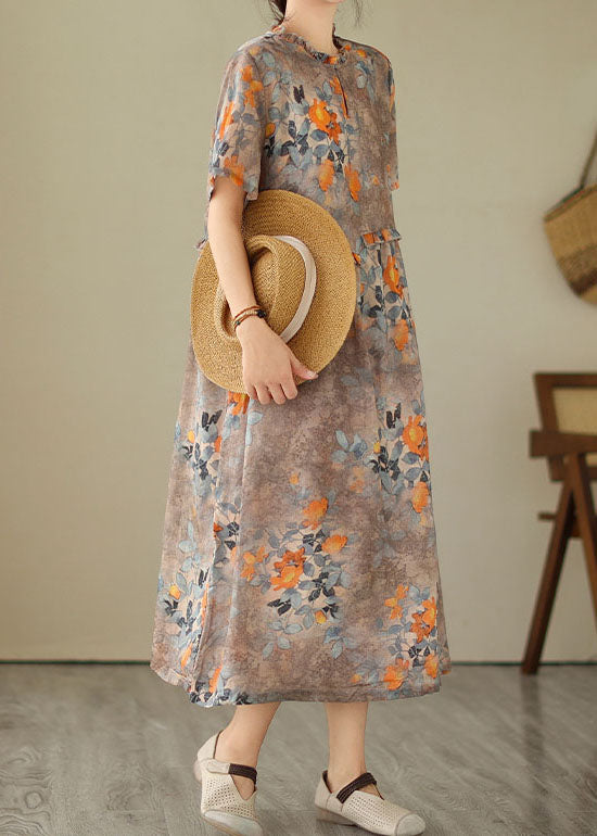 Women Khaki Ruffled Print Patchwork Cotton Dresses Summer