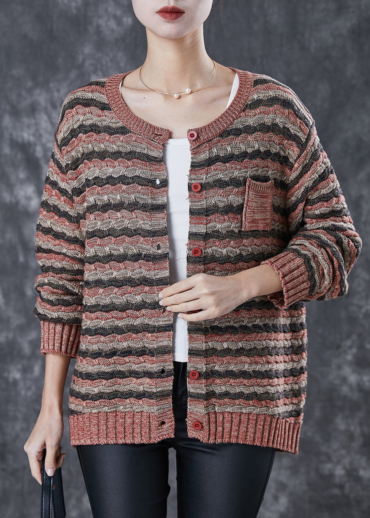 Women Khaki Striped Thick Knit Cardigans Spring