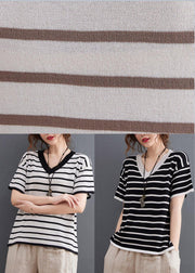 Women Khaki Striped side open Cotton Linen Summer Tops - SooLinen