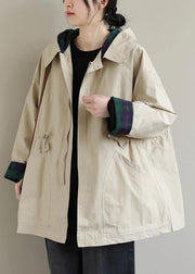 Women Khaki Long Coats Hoodie Zip Up Spring Coat - SooLinen