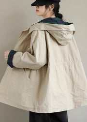 Women Khaki Long Coats Hoodie Zip Up Spring Coat - SooLinen