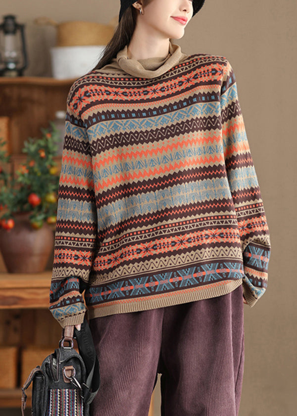 Women Khaki Turtle Neck Print Knit Sweaters Winter