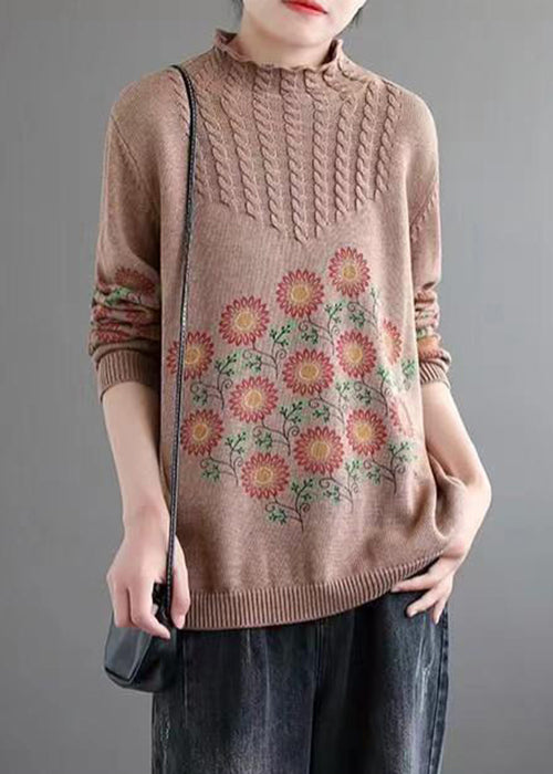 Women Khaki Turtleneck Print Patchwork Knitted Cotton Sweaters Fall
