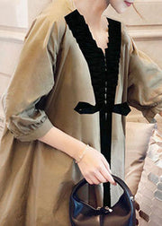 Frauen Khaki V-Ausschnitt Schleife Lässige Herbst Halbarm Hemden Kleid
