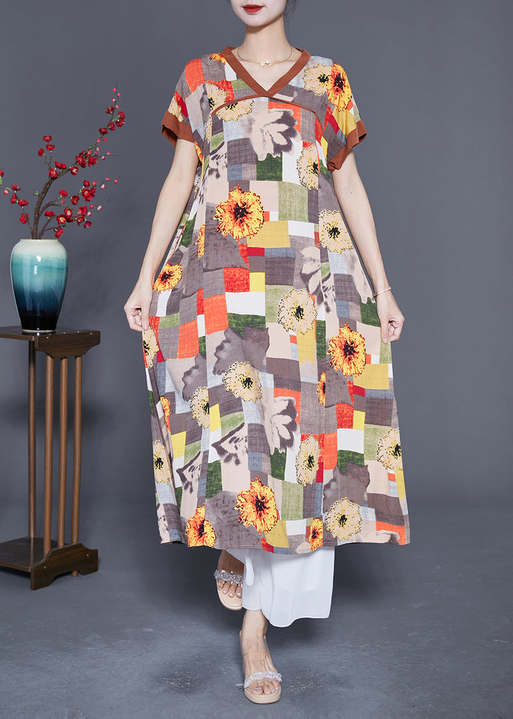 Women Khaki V Neck Patchwork Print Cotton Long Dress Summer