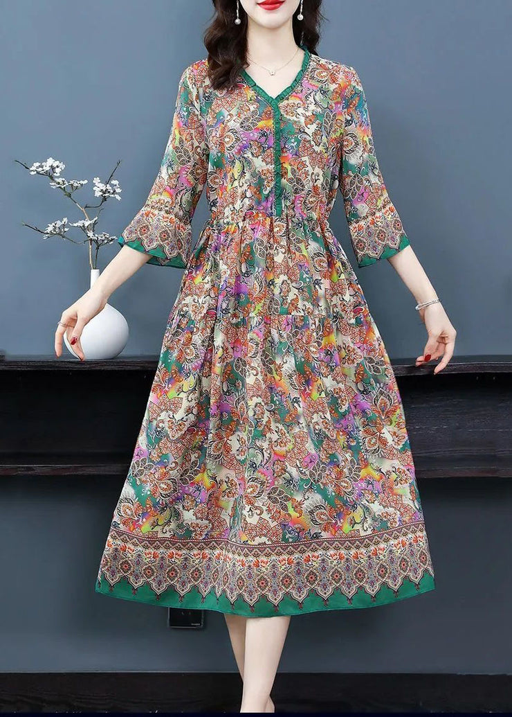 Women Khaki V Neck Ruffled Print Silk Robe Dresses Half Sleeve