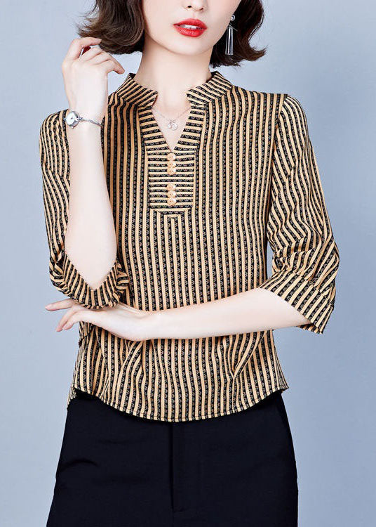 Women Khaki V Neck Striped Silk Shirts Bracelet Sleeve