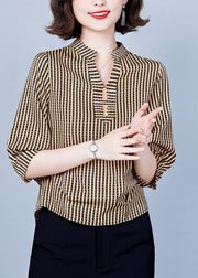 Women Khaki V Neck Striped Silk Shirts Bracelet Sleeve