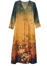Women Khaki V Neck Tie Dye Print Silk Maxi Dresses Half Sleeve