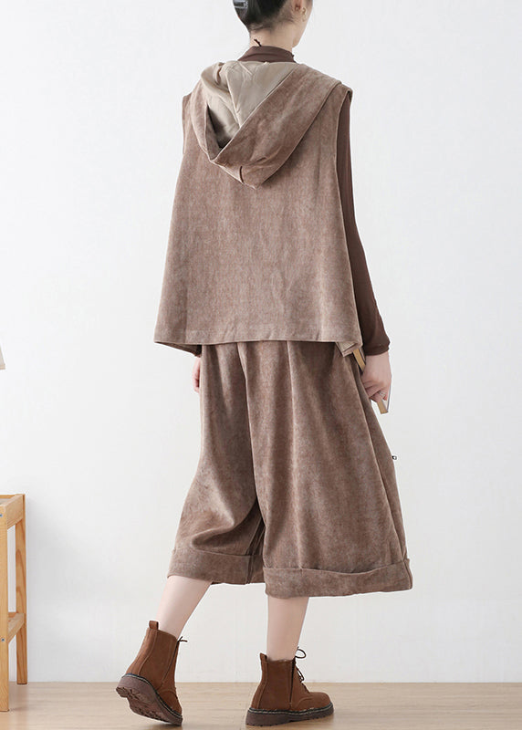 Women Khaki Velour Hooded Waistcoat And Crop Pants Two Pieces Set Fall