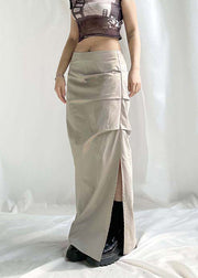 Women Khaki Wrinkled Side Open High Waist Patchwork Cotton Skirts Fall