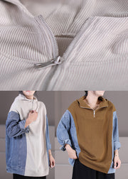 Women Khaki Zippered Patchwork Denim Hooded Top Long Sleeve