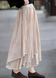 Frauen Khaki elastische Taille Asymmetrisches Design geschichtete Leinenröcke Sommer