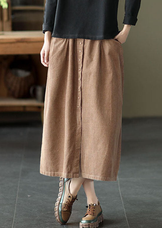 Women Khaki elastic waist button Pockets Corduroy Skirts Spring