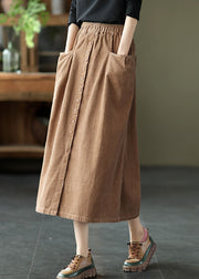 Women Khaki elastic waist button Pockets Corduroy Skirts Spring