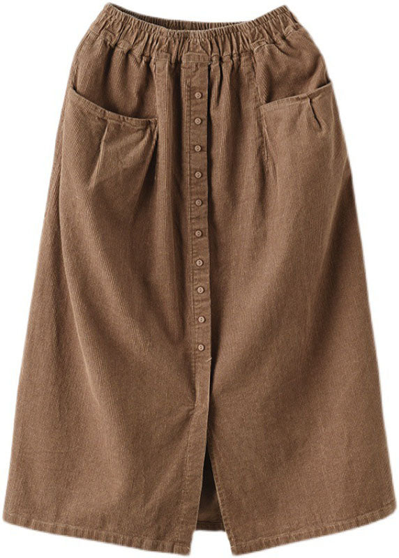 Frauen Khaki elastische Taille Knopf Taschen Cord Röcke Frühling