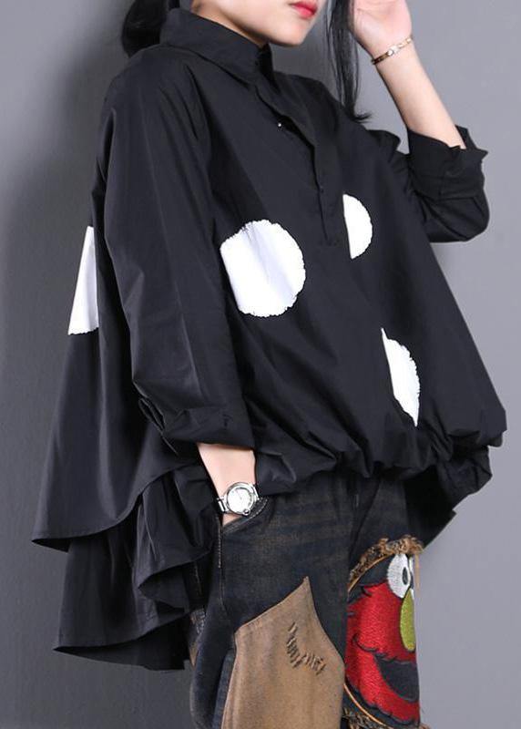 Women Asymmetric Clothes Christmas Gifts Black Dotted Blouse - SooLinen