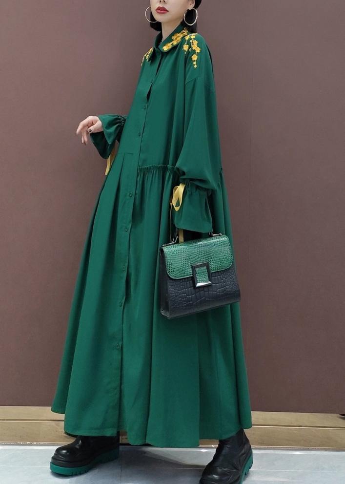 Women Lapel Cinched Spring Fashion Ideas Green Embroidery Long Dresses - SooLinen