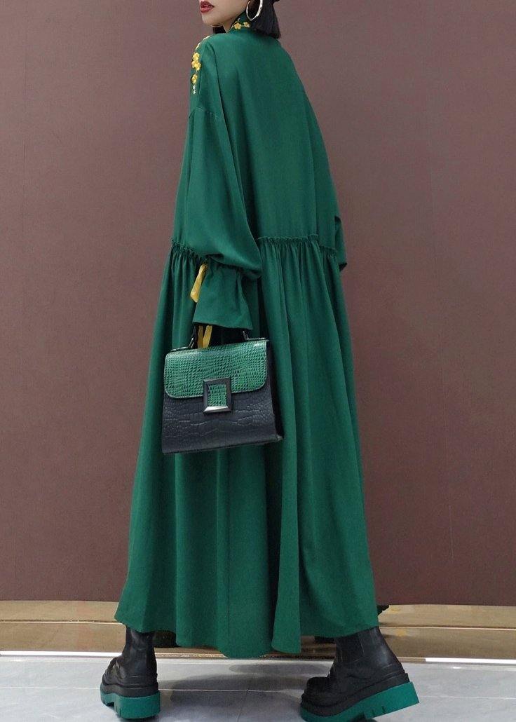 Women Lapel Cinched Spring Fashion Ideas Green Embroidery Long Dresses - SooLinen