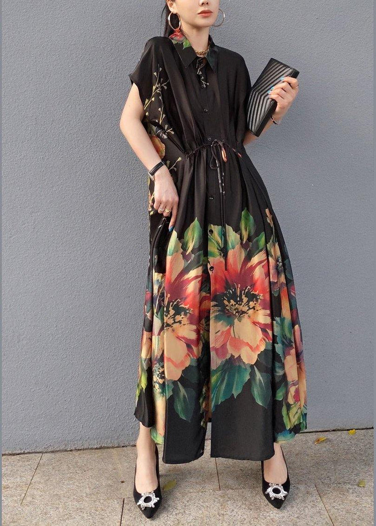 Women Lapel Drawstring Spring Tunic Sleeve Black Print Robe Dresses - SooLinen