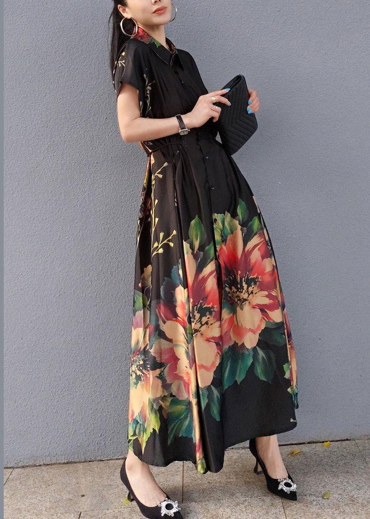 Women Lapel Drawstring Spring Tunic Sleeve Black Print Robe Dresses - SooLinen
