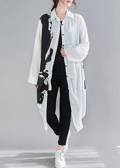 Women Lapel Patchwork Spring Clothes Design White Print Long Dress - SooLinen