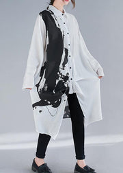 Women Lapel Patchwork Spring Clothes Design White Print Long Dress - SooLinen