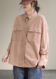 Women Lapel Pockets Spring Top Silhouette Wardrobes Pink Shirts - SooLinen