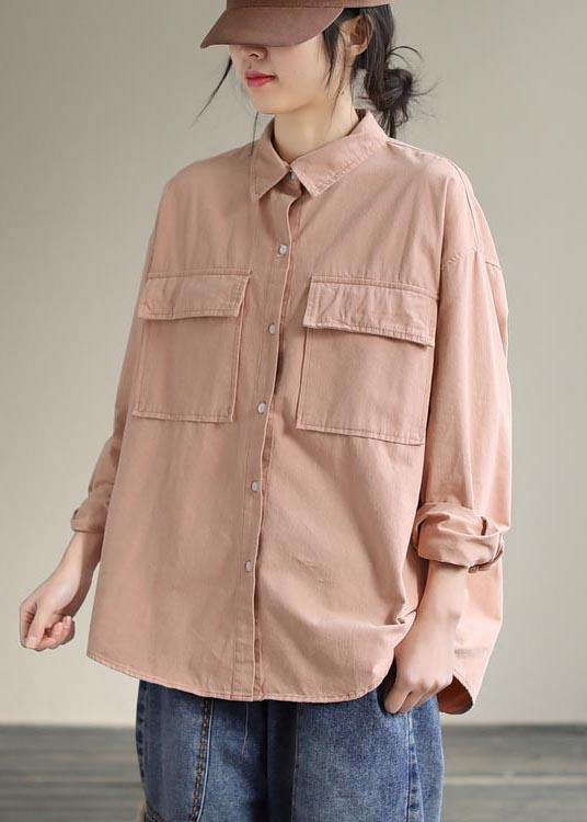 Women Lapel Pockets Spring Top Silhouette Wardrobes Pink Shirts - SooLinen