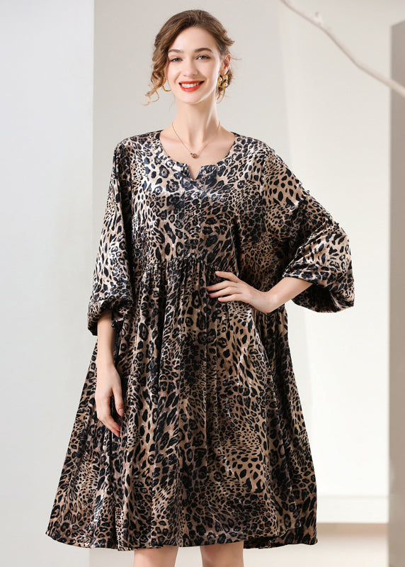 Women Leopard Print Oversized Silk Velour Holiday Dress Spring